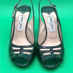 JIMMY CHOO Green & Black Patent Leather Leopard Slingback Heels 37.5, US 7.5